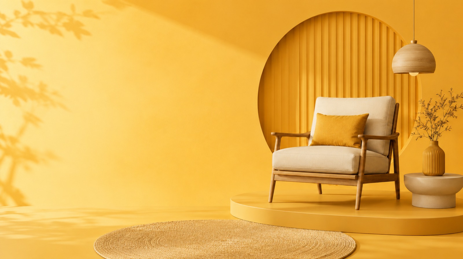 Beige armchair with mustard cushion on a yellow display podium