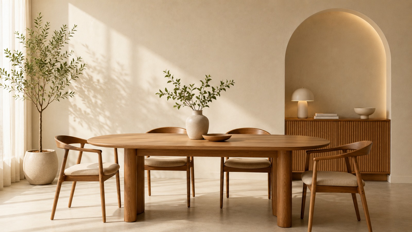 Oval wood dining table with woven-back chairs in a sunlit room