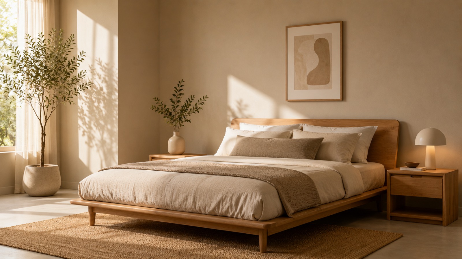 Wooden platform bed with linen bedding in a warm, sunlit bedroom