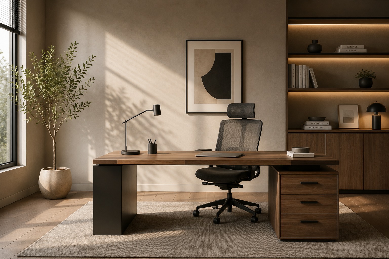 Walnut desk with ergonomic chair in a warm home office